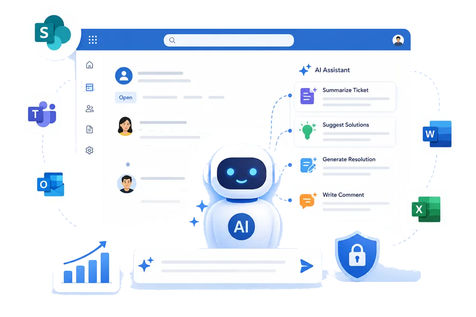 AI assistant in SteadyPoint SharePoint helpdesk for summarizing tickets, suggesting solutions, and writing comments