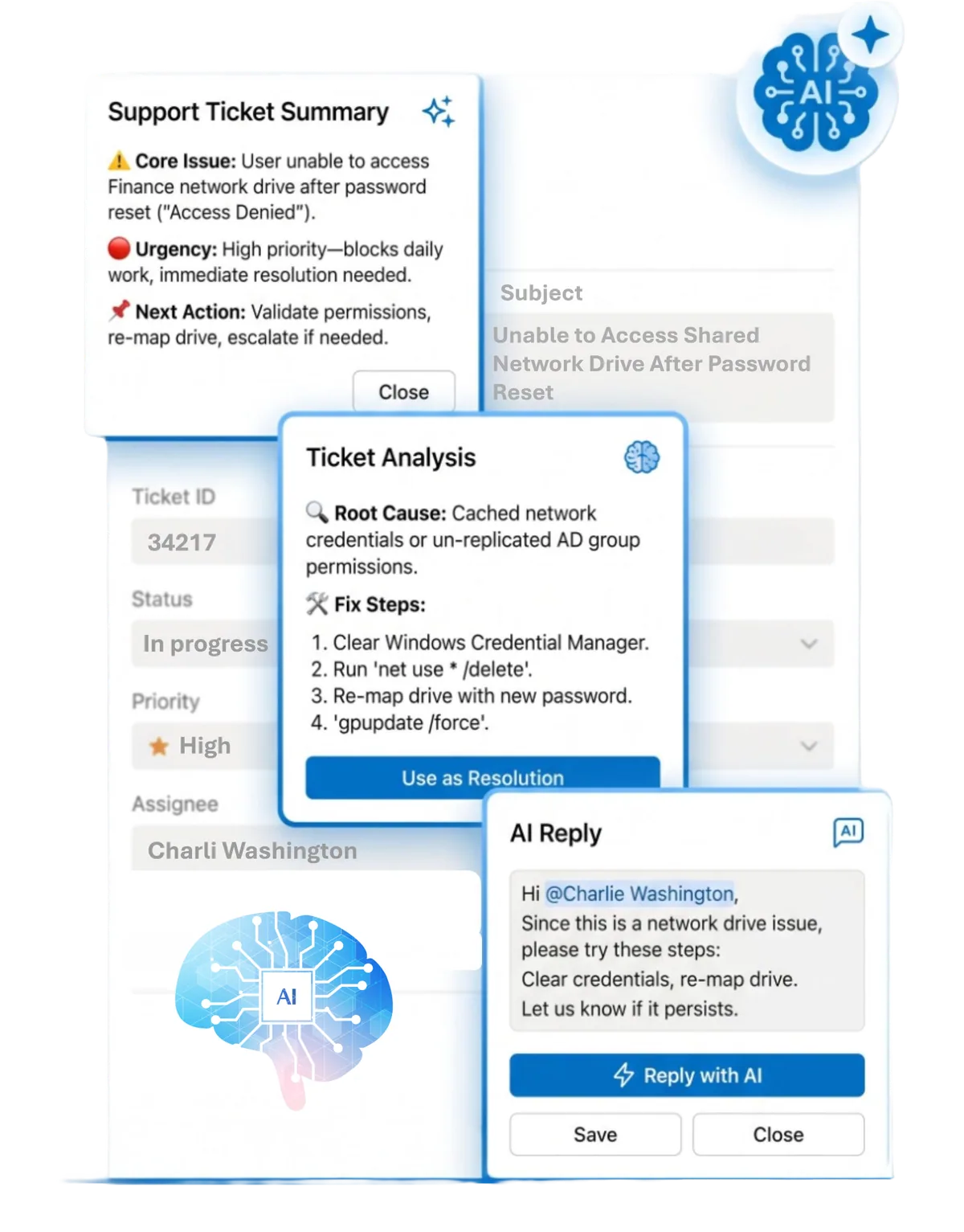 SteadyPoint Helpdesk ticket view with AI assistance for summarizing, drafting resolutions, and suggesting next actions inside Microsoft 365.