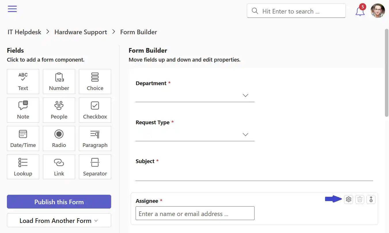 Form builder in SteadyPoint Helpdesk with the Assignee field selected for editing while configuring automatic routing.