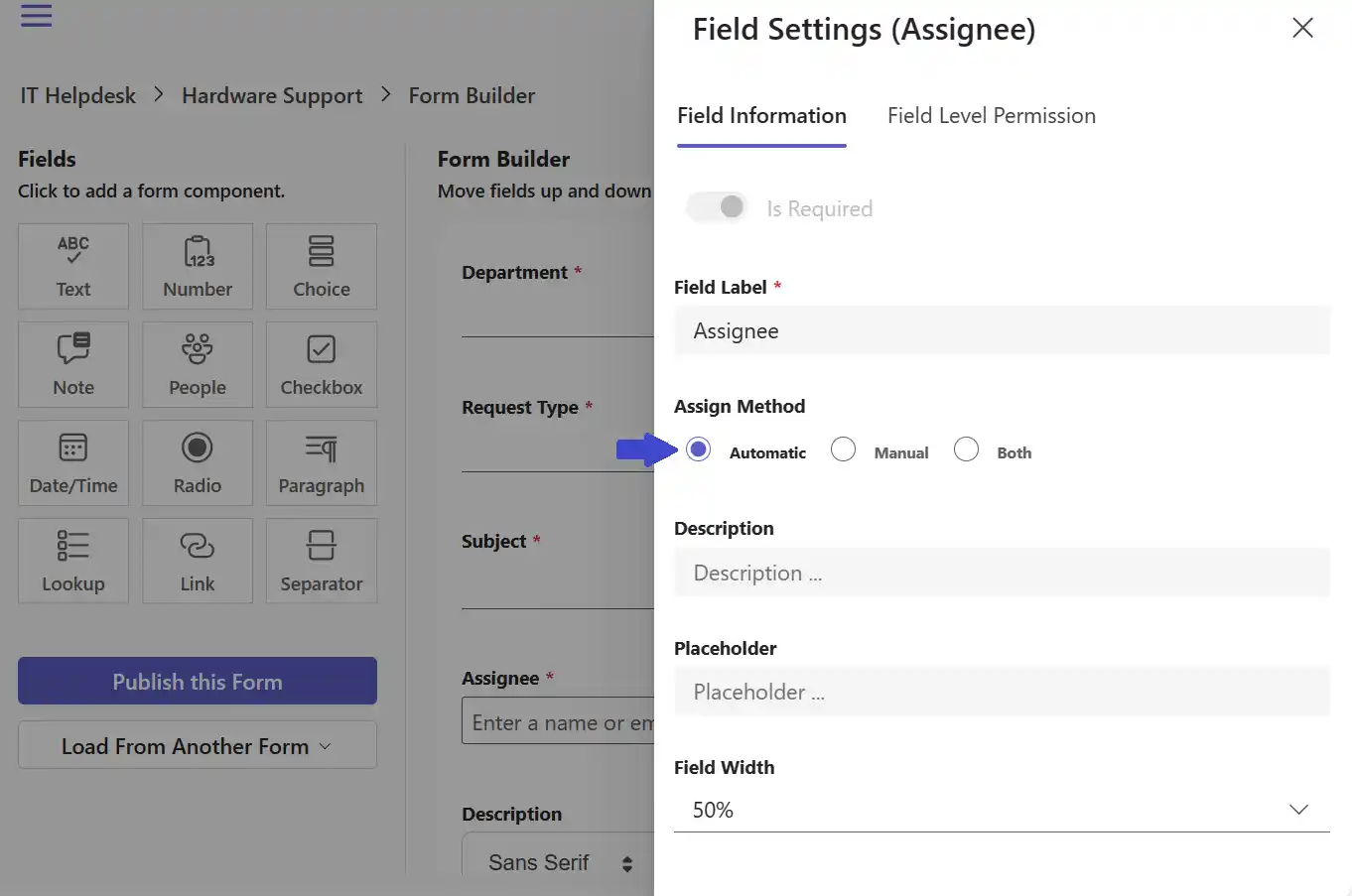 Assignee field settings panel in SteadyPoint Helpdesk with the Automatic Routing toggle enabled.