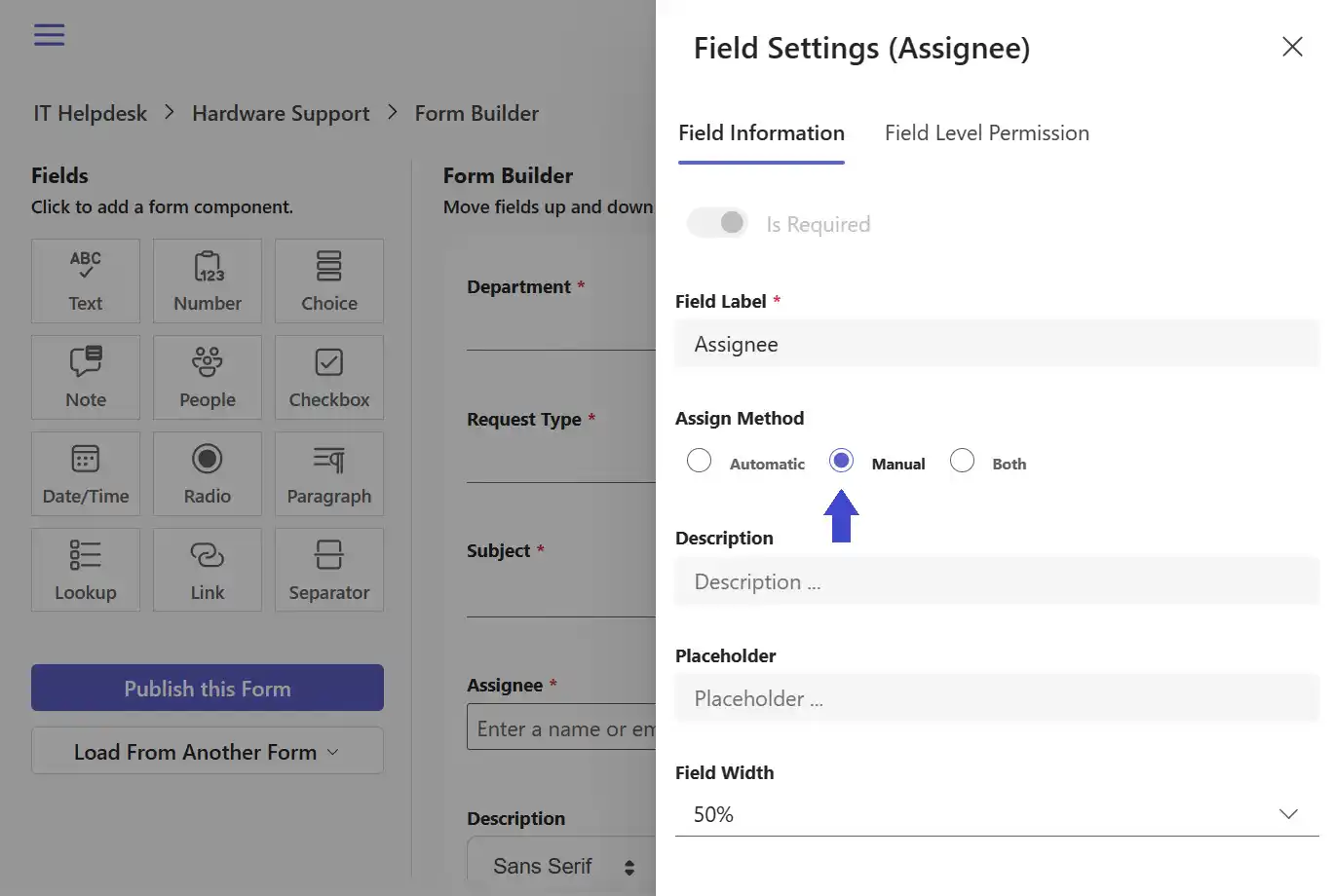 Assignee field settings panel in SteadyPoint Helpdesk with the Manual Routing toggle enabled.
