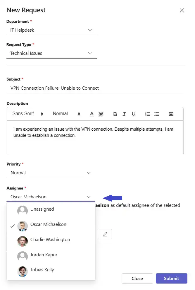 New Request form in SteadyPoint Helpdesk with the Assignee dropdown limited to members of a private department.