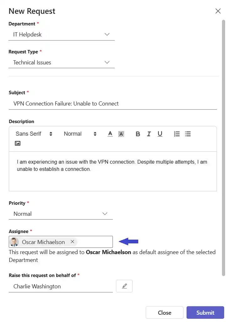 New Request form in SteadyPoint Helpdesk on a public department, with the Assignee field accepting any user via type-ahead search.