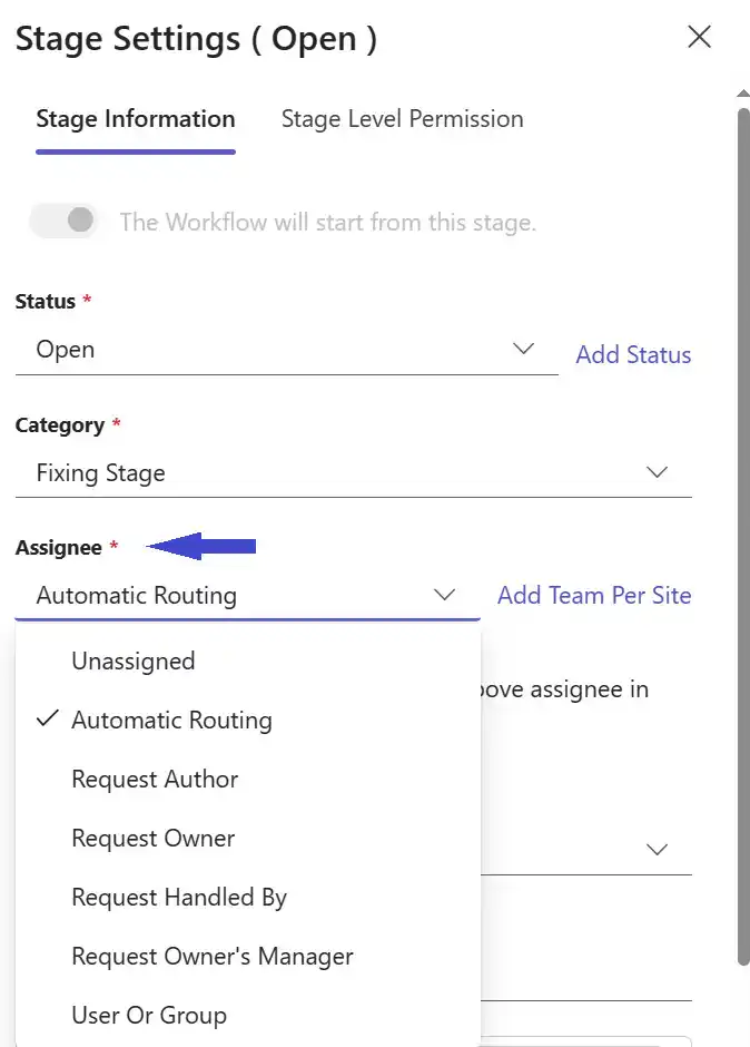 SteadyPoint Helpdesk workflow stage configuration showing assignee options such as Unassigned, Automatic Routing, Request Author, Request Owner and User or Group.