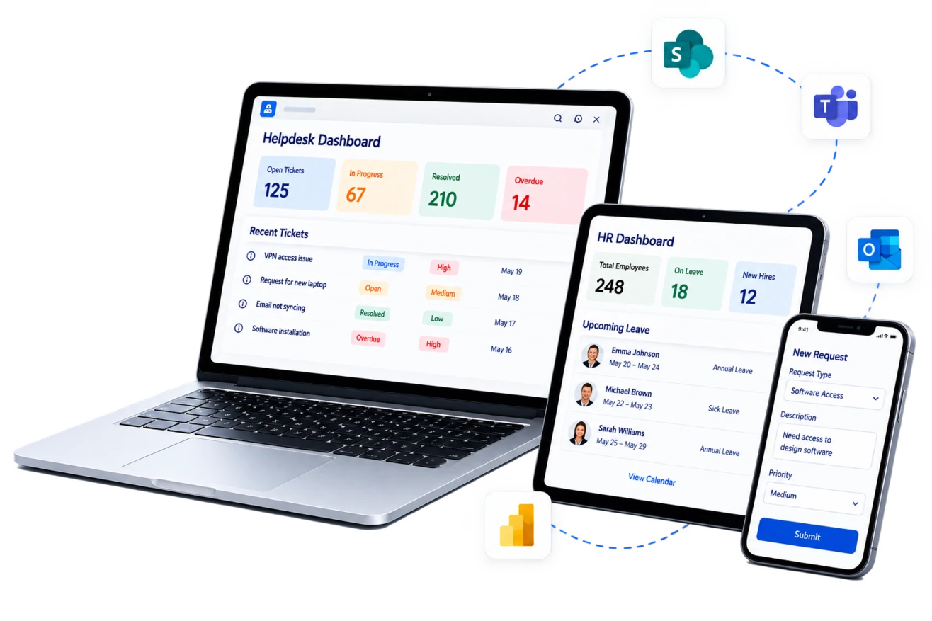 SteadyPoint Helpdesk and HR apps on laptop, tablet, and phone with Microsoft 365